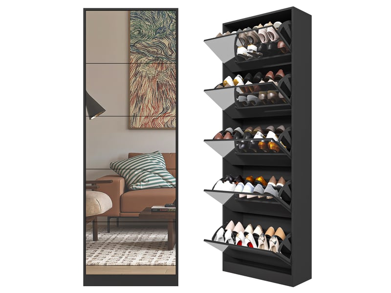 Meuble à chaussures à 5 abattants avec miroir et rangement double niveau pour entrée en mdf noir 63 × 23,6 × 185 cm - Conforama A