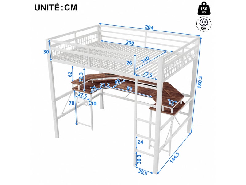 Lit mezzanine 140 x 200 cm avec bureau intégré, cadre en métal et mdf, led multicolore  - Conforama C