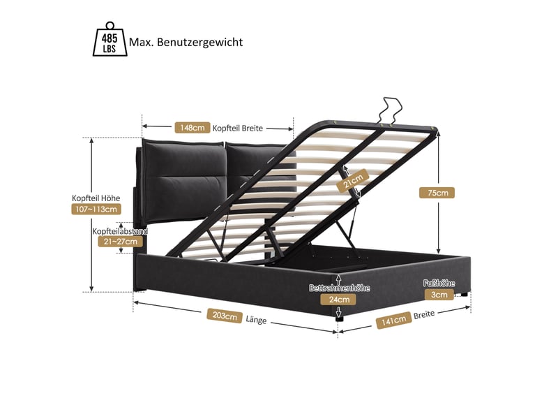  Lit double rembourré 140 x 200 cm avec coffre hydraulique, tête de lit réglable et matelas 25 cm inclus, velours noir Fay Lum - Conforama C