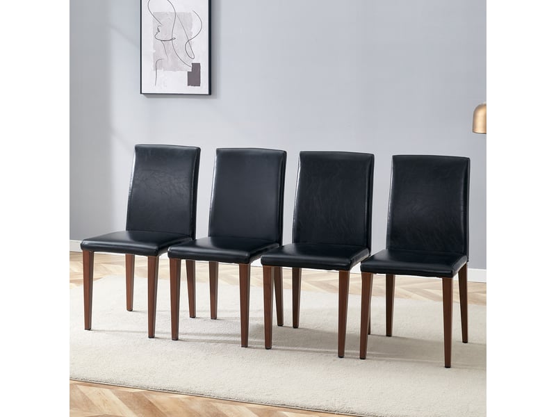  Lot de 4 chaises de salle à manger en cuir synthétique noir pieds métal effet noyer  - Conforama D