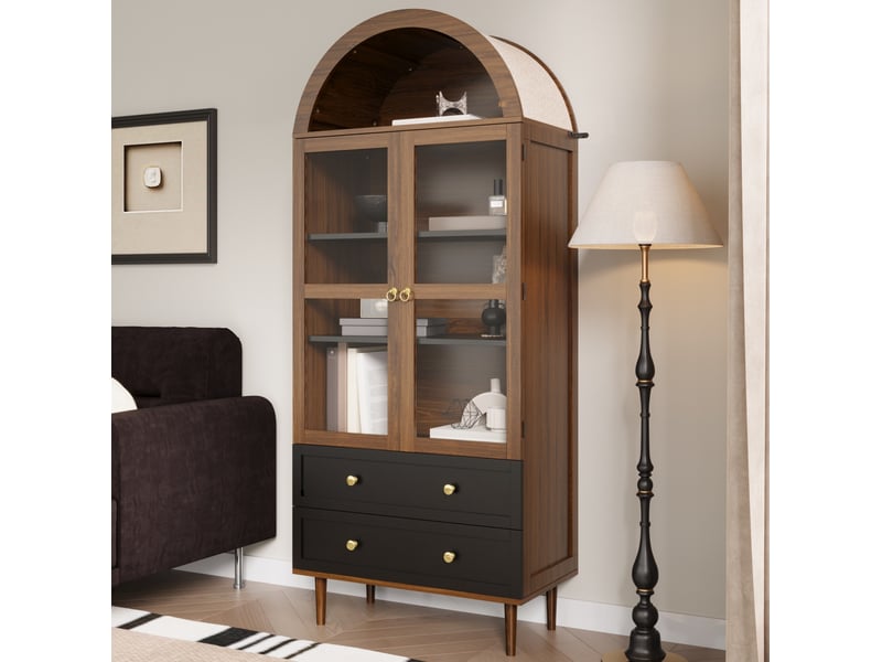 Buffet haut rétro en mdf et verre, 2 portes et 2 tiroirs, coloris noyer - Conforama B