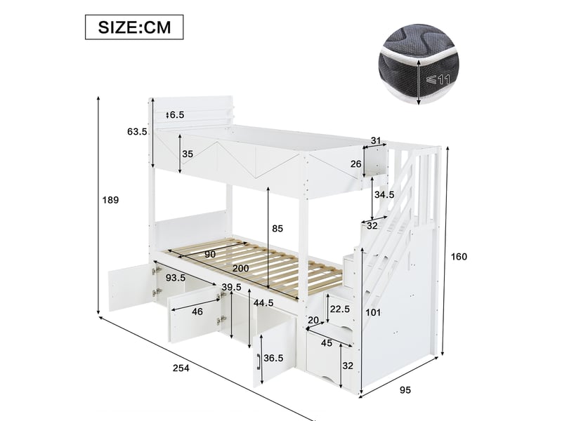  Lit superposé 90x200 cm avec escalier de rangement, rangements sous le lit, sécurité renforcée, panneau, bois et mdf, blanc sans matelas  - Conforama E