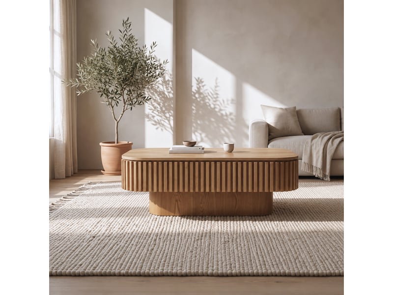  Table basse cannelée bois naturel 98 cm, placage bois massif, rangement caché  - Conforama B
