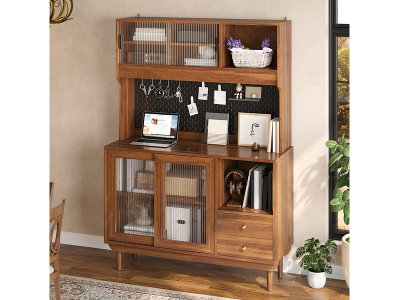  Buffet de cuisine 117x30x170 cm, fond ajouré, 4 portes coulissantes verre strié, 2 tiroirs, niches, mdf, bois foncé  - Conforama D