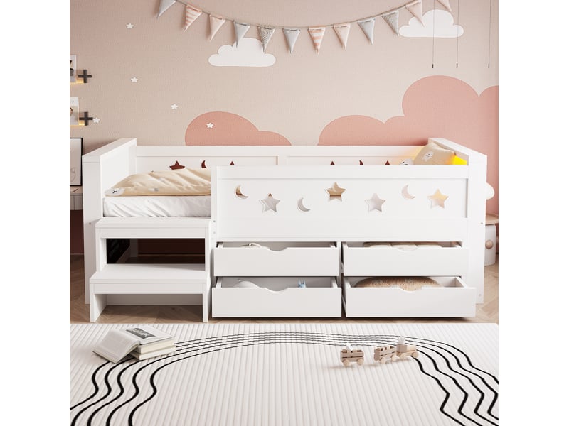  Lit pour enfant, 90x200 cm, avec barrières de sécurité, tiroirs, led, matelas non inclus, bois, coloris noir et blanc  - Conforama E