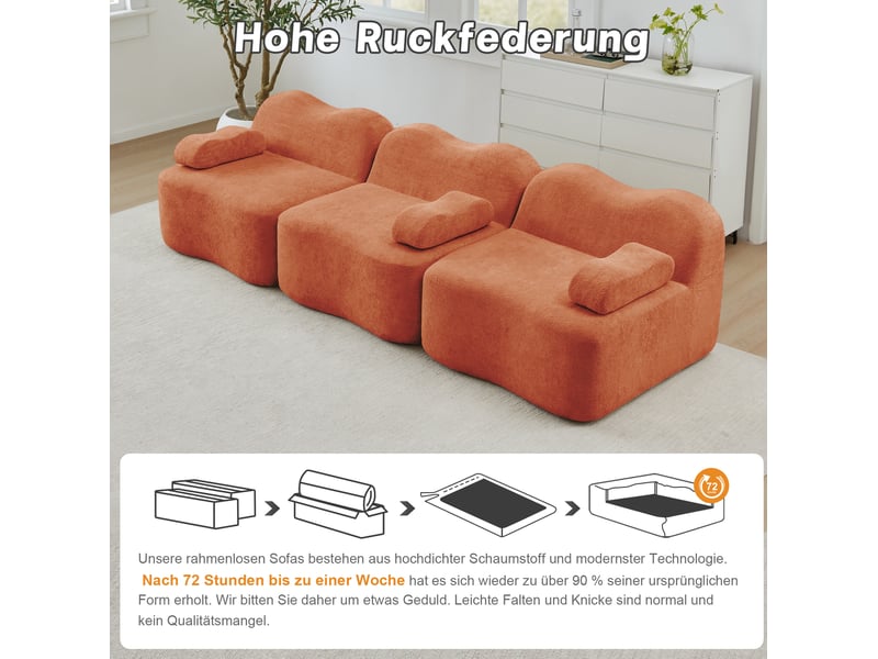  Canapé modulaire 3 places en velours orange, forme ondulée et assise profonde pour un salon accueillant  - Conforama D