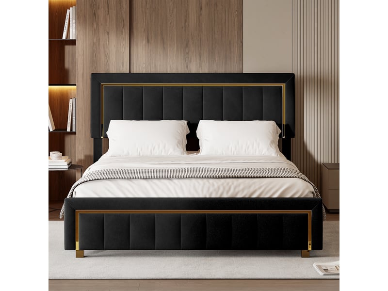  Lit coffre hydraulique 160 x 200 cm, cadre de lit double en velours avec rangement hydraulique, finitions dorées, tête de lit capitonnée à rainures verticales, noir, matelas non inclus  - Conforama B