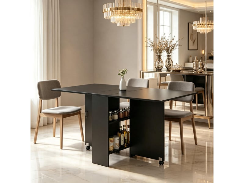  Table à manger extensible avec 2 plateaux relevables et roulettes, espace de rangement, cuisine et salle à manger, noir  - Conforama C