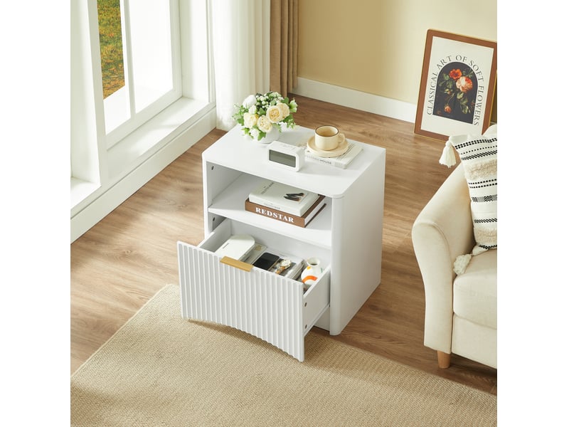  Table de chevet 58x38x60 cm, tiroir ouvert, rangement, chevet moderne, table d’appoint, chambre salon, aggloméré, blanc  - Conforama D