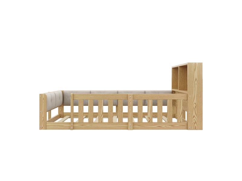  Lit enfant bas 90x200 cm avec barrières, led et côtés rembourrés, naturel, moderne  - Conforama E
