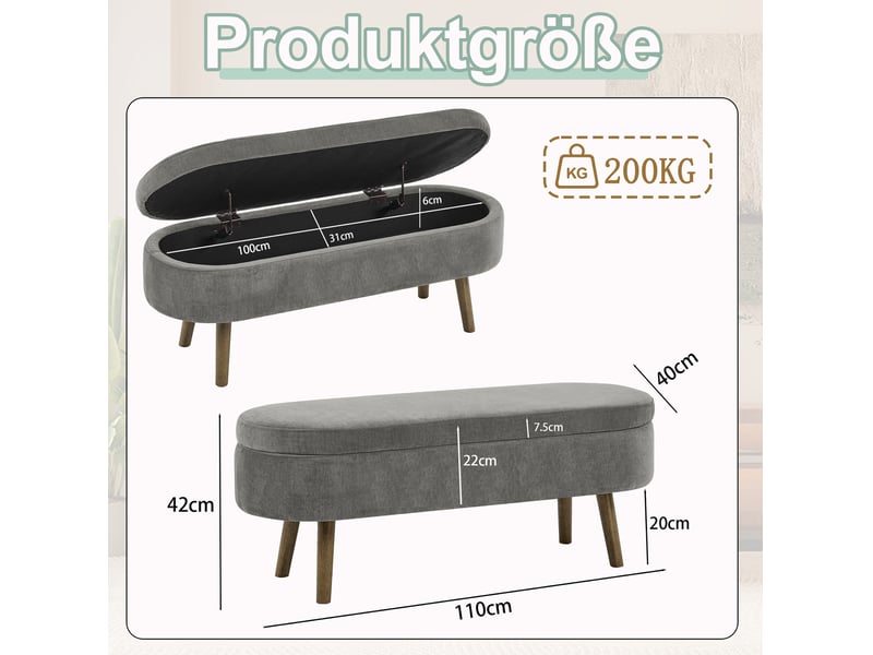  Banc de rangement 110x40x42 cm en chenille gris foncé avec coffre 20 l  - Conforama C