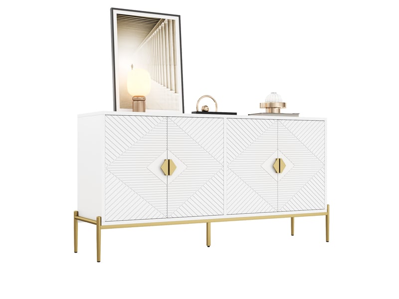  Buffet blanc, 4 portes, rangement, design moderne, façade texturée, structure robuste - mdf et panneaux de particules - 162x40x80cm  - Conforama A