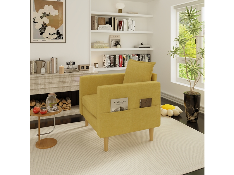  Fauteuil scandinave 71x68x82 cm, poche de rangement, coussin, canapé 1 place, pour salon, chambre, tissu chenille jaune  - Conforama E