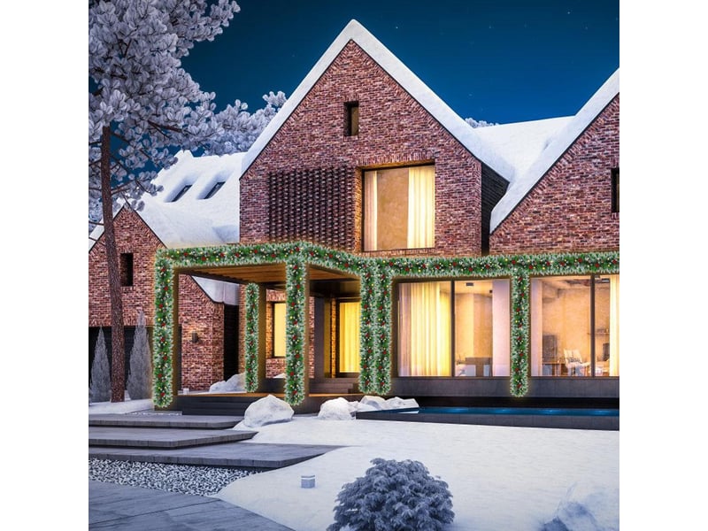  Guirlande lumineuse de noël 1,8 m, pin artificiel givré avec led, baies rouges et pommes de pin pour cheminée et escalier  - Conforama D