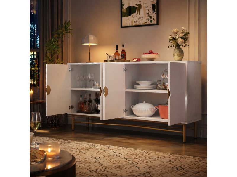 Buffet à 4 portes avec fermeture amortie, façades en relief et poignées dorées, blanc, 160 × 40 × 82 cm - Conforama B