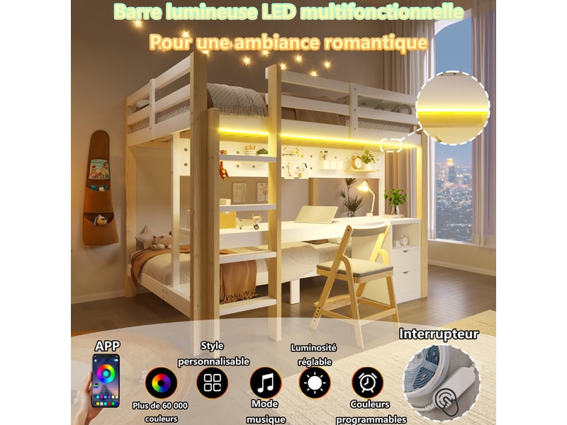  Lit mezzanine 90x200 cm et 140x200 cm naturel et blanc avec tiroirs, bureau, panneau perforé, led, sans matelas  - Conforama C
