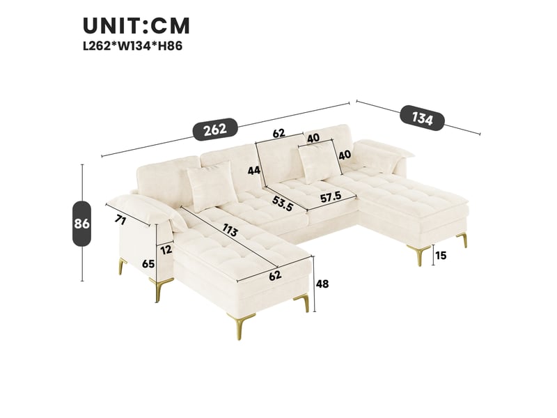  Canapé d’angle en u modulable 262 x 134 cm – beige – 4 places, chenille et 2 méridiennes, pieds métalliques dorés  - Conforama C