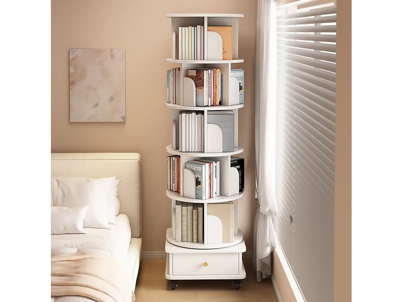  Bibliothèque rotation à 360° 46x46x173 cm avec 1 tiroir en mdf couleur blanc, design moderne, confort optimal  - Conforama E