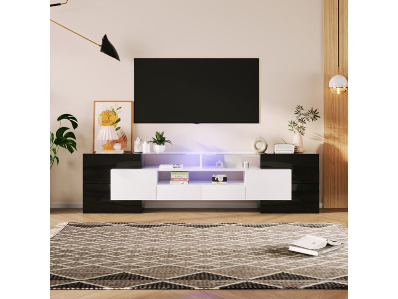  Meuble tv 200 cm noir et blanc brillant avec led multicolore, design moderne pour salon, surface en verre élégante  - Conforama B