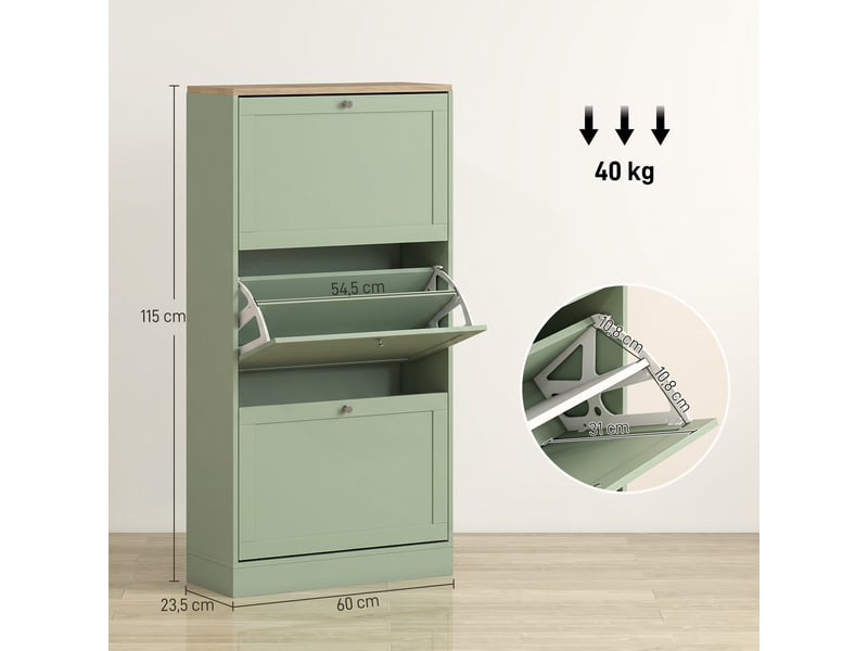  Meuble à chaussures style moderne, 3 portes abattantes, 18 paires de chaussures, 60 x 23,5 x 115 cm, vert  - Conforama C