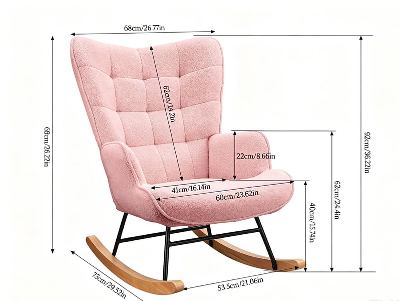 Pink teddy bear plush rocking chair, square tufted high-backed cushioned rocking chair with wooden rocking rod, suitable for bedroom, nursery, and living room. - Conforama D