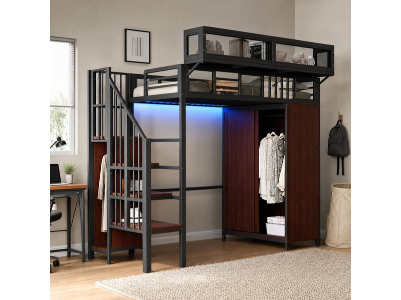 Lit surélevé 90 x 200 cm avec armoire, échelle de rangement et led, noir - Conforama B