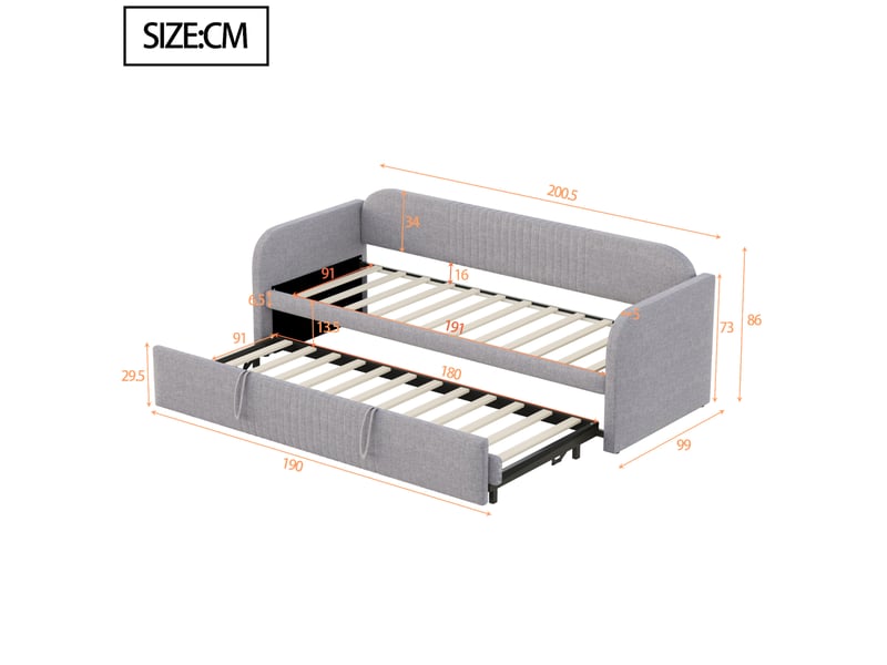 Lit gigogne 90 × 190 cm extensible avec sommier à lattes, revêtement en lin gris clair à rayures verticales pour chambre - Conforama C