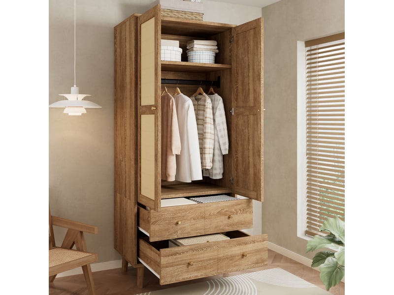 Armoire modenvie 2 portes avec penderie, étagères, 2 tiroirs et design rotin 80 x 50 x 180 cm en mdf bois naturel foncé - Conforama B