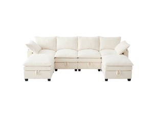 Canapé d’angle modulable 56 places en lu avec rangement, 2 poufs amovibles, usb, porte-gobelets, tissu côtelé - beige