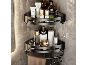 Étagère douche sans percage 2 pièces - support salle de bain métal noir avec 8 crochets - rangement pratique pour organisation salle de bain