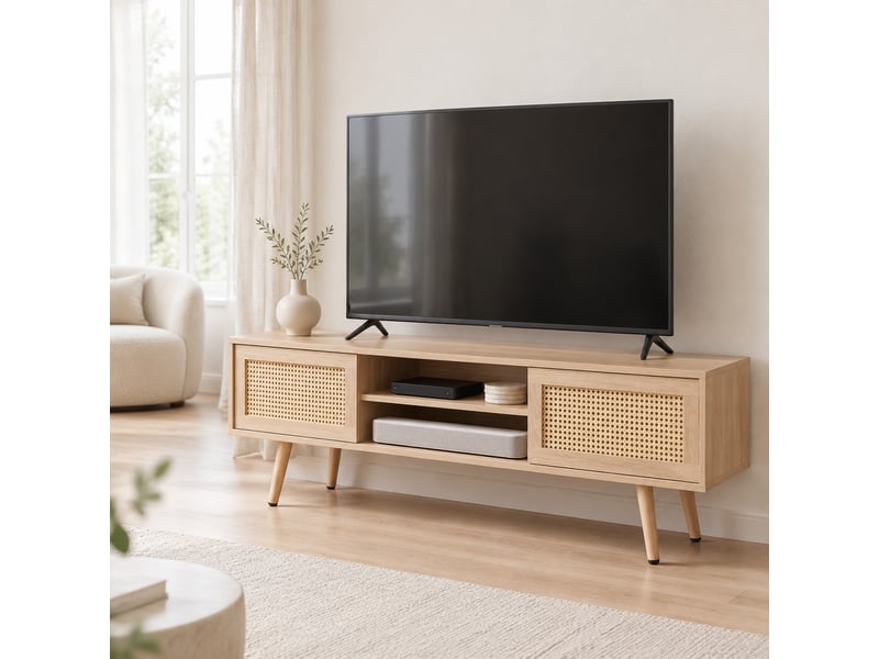  Meuble tv portes coulissantes cannage 140x40x46,5 cm, tablettes réglables, rangements, en bois naturel, mdf  - Conforama B