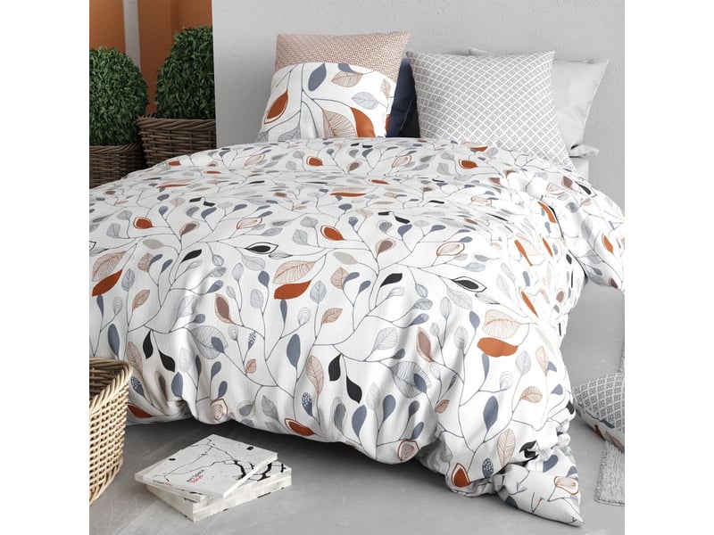  Parure housse de couette 240x220cm + 2 taies blanc motif feuillage bleu et rouille 100% coton - tilda TILDA - Conforama B