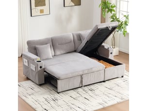 Canapé d'angle gauche convertible <strong>MAISENTIEL</strong> <strong></strong> 3 places Velours côtelé gris avec coffre de rangement