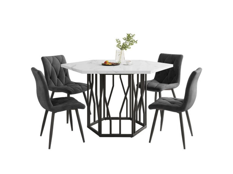  Ensemble table et chaises de salle à manger (5 pièces), table hexagonale moderne en marbre + 4 chaises de salle à manger en velours gris pour créer un restaurant chaleureux et moderne  - Conforama A