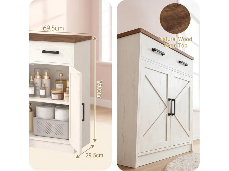 Meuble de rangement blanc, 30,6 x 70,6 x 80,6 cm, un tiroir, deux portes, étagères réglables - Conforama C