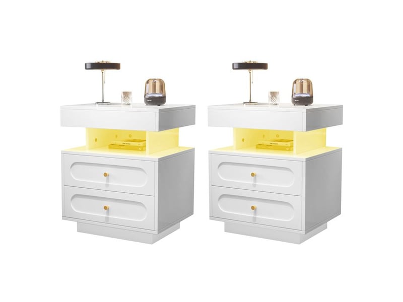  Table de nuit avec éclairage led - 2 tiroirs - espace de rangement ouvert - blanc - b100t40h60 cm  - Conforama E