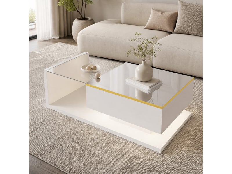  Table basse avec rangement et led 16 couleurs pour salon 100×50×32,5 cm en panneaux de particules blanc  - Conforama B