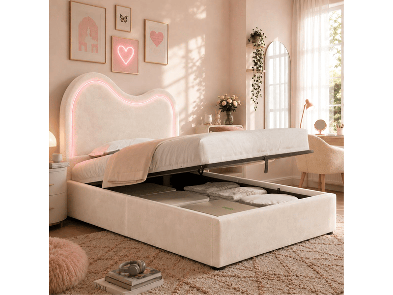 Lit enfant rembourré 90x200 cm en velours avec sommier, rangement hydraulique et led beige chicfurn - Conforama C