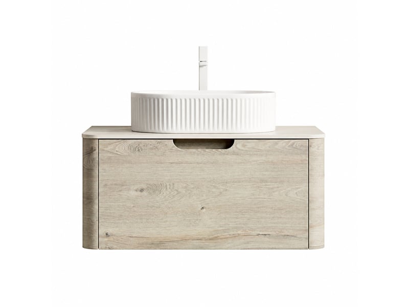  Meuble vasque suspendu 80 cm avec vasque ovale blanche en céramique et plan effet travertin  - Conforama A