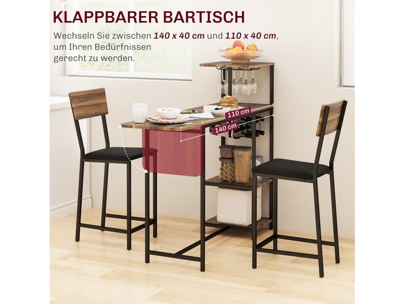  Lot de 3 table haute extensible marron avec 2 tabourets, rangement à vin et style industriel pour cuisine  - Conforama E