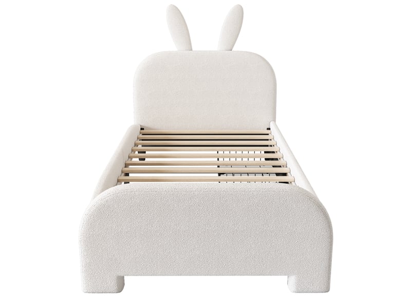  Lit enfant rembourré bouclette blanc 90x200 cm, tête de lit lapin, 2 tiroirs de rangement  - Conforama A