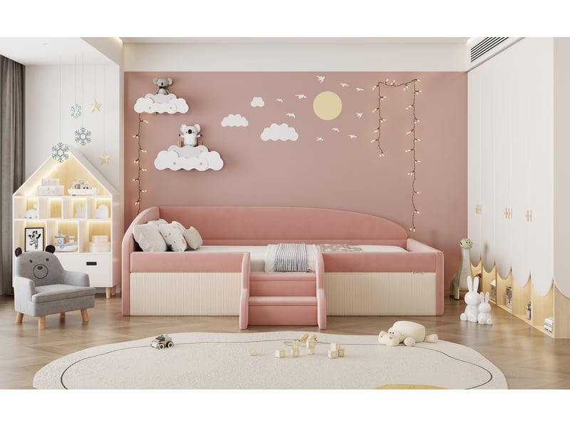  Canapé-lit rembourré 90x190 cm, lit multifonctionnel avec barrières de sécurité, rose + crème, lit 1 personne  - Conforama E
