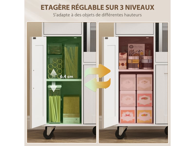 Desserte cuisine à roulettes, meuble micro onde, plateau coulissant, tiroir, placards 3 portes, blanc, 80x40x88,7cm - Conforama E