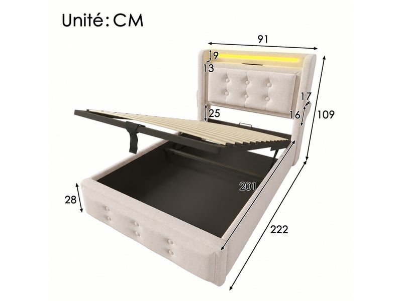 Lit coffre simple 90x200 cm en tissu beige avec led, prises, usb et type-c, matelas inclus  - Conforama D