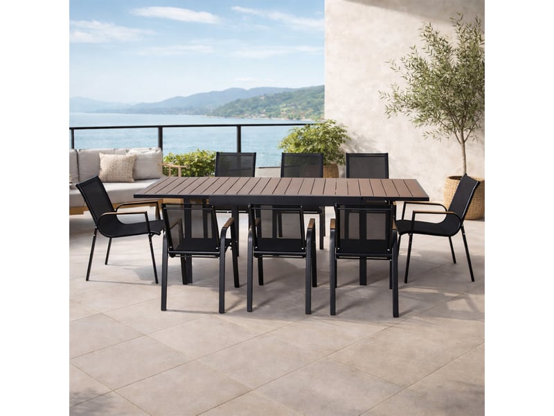  Salon de jardin 8 places avec table extensible 270cm en aluminium et bois loboc  - Conforama E