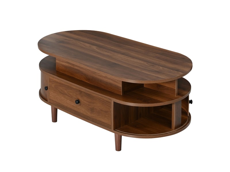  Table basse ovale relevable 105x50x60,5 cm avec rangement, mdf coloris noyer  - Conforama E