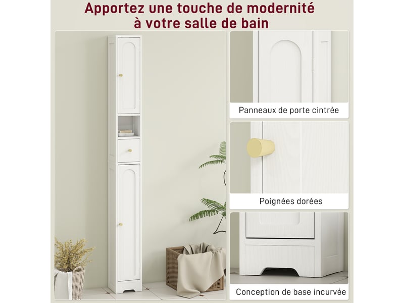 Meuble colonne salle de bain, meuble de rangement, 2 portes, tiroir, compartiment ouvert, blanc, étagère réglable - Conforama R