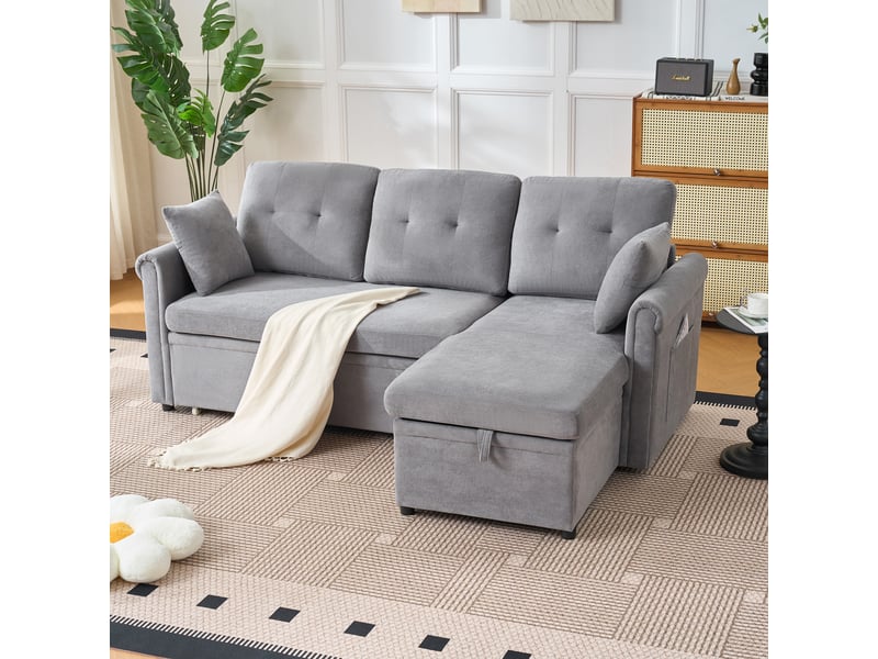  Canapé d'angle 3 places avec fonction lit, coffre de rangement, méridienne réversible et étagères latérales, chenille - gris  - Conforama D