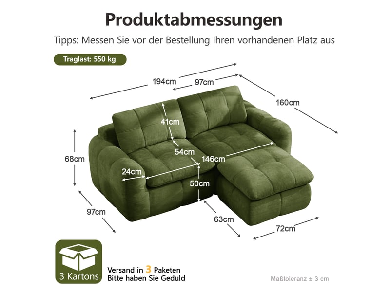  Canapé d’angle modulable 2 places 194x160x68 cm avec pouf en chenille vert  - Conforama C