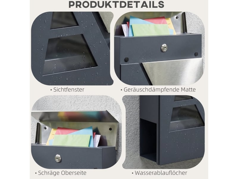  Boîte aux lettres murale 37x10x37 cm – gris foncé – porte-journaux, serrure, 2 clés, résistante aux intempéries  - Conforama E